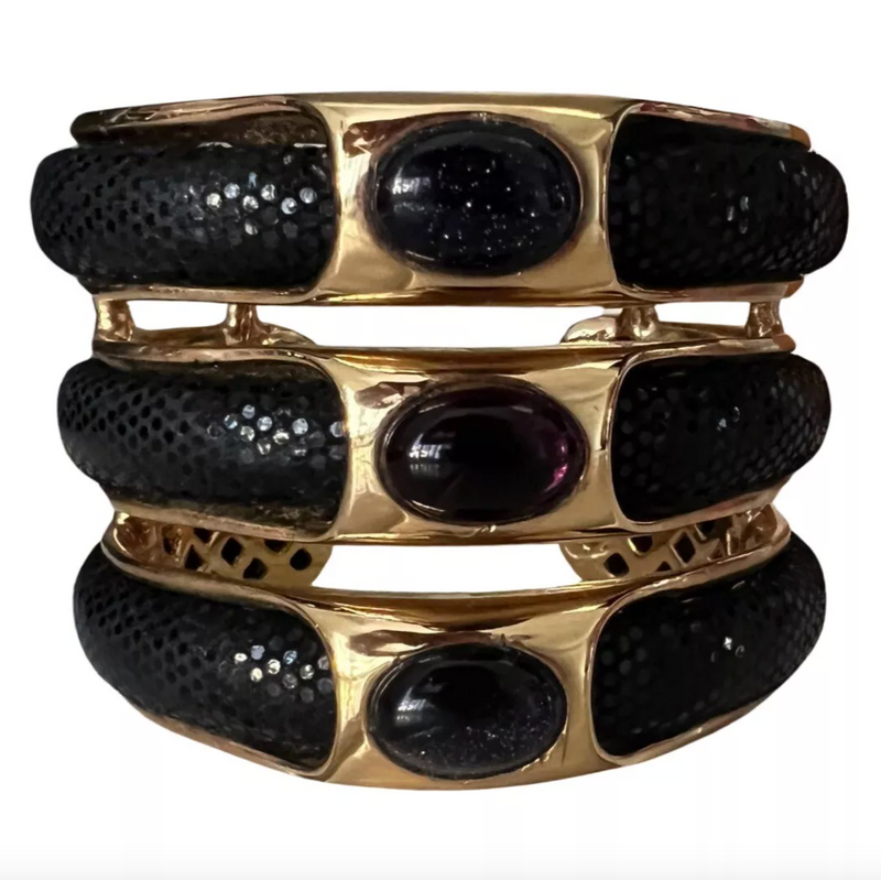 ROBERTO CAVALLI GOLD SNAKE LEATHER THREE STACK JEWEL CUFF BRACELET