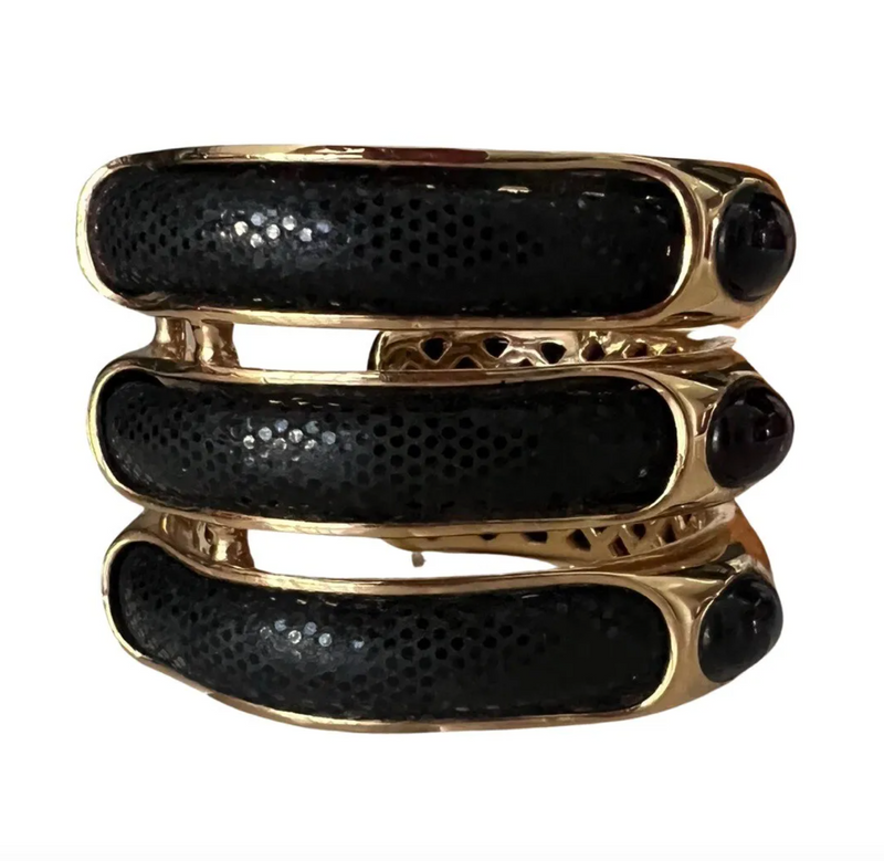 ROBERTO CAVALLI GOLD SNAKE LEATHER THREE STACK JEWEL CUFF BRACELET