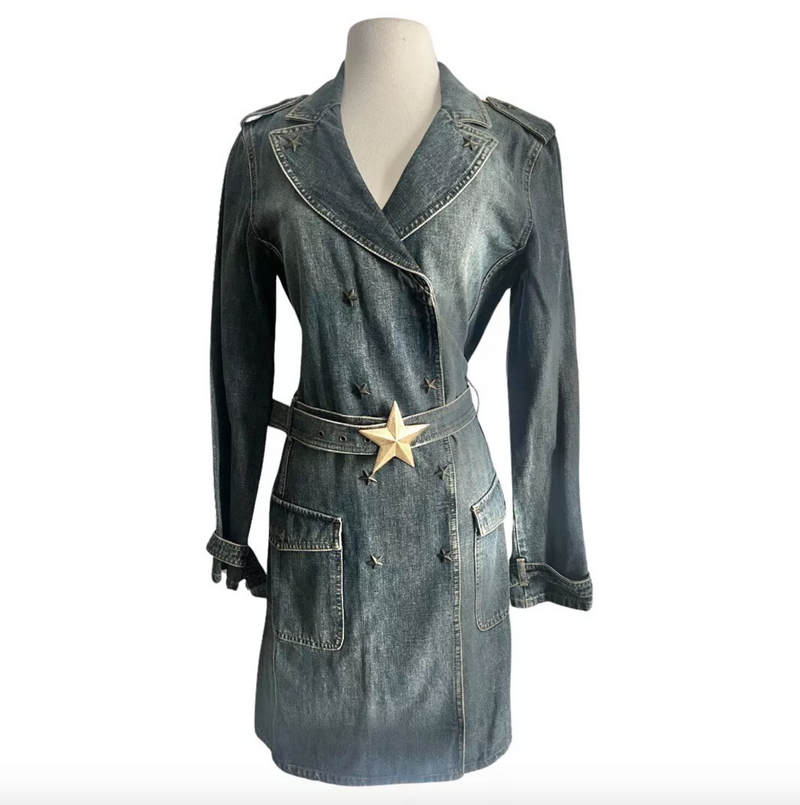 MOSCHINO STAR MILITARY STYLE DENIM TRENCH COAT