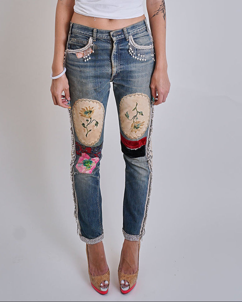 1970s Patchwork Tapestry Beaded Jeans