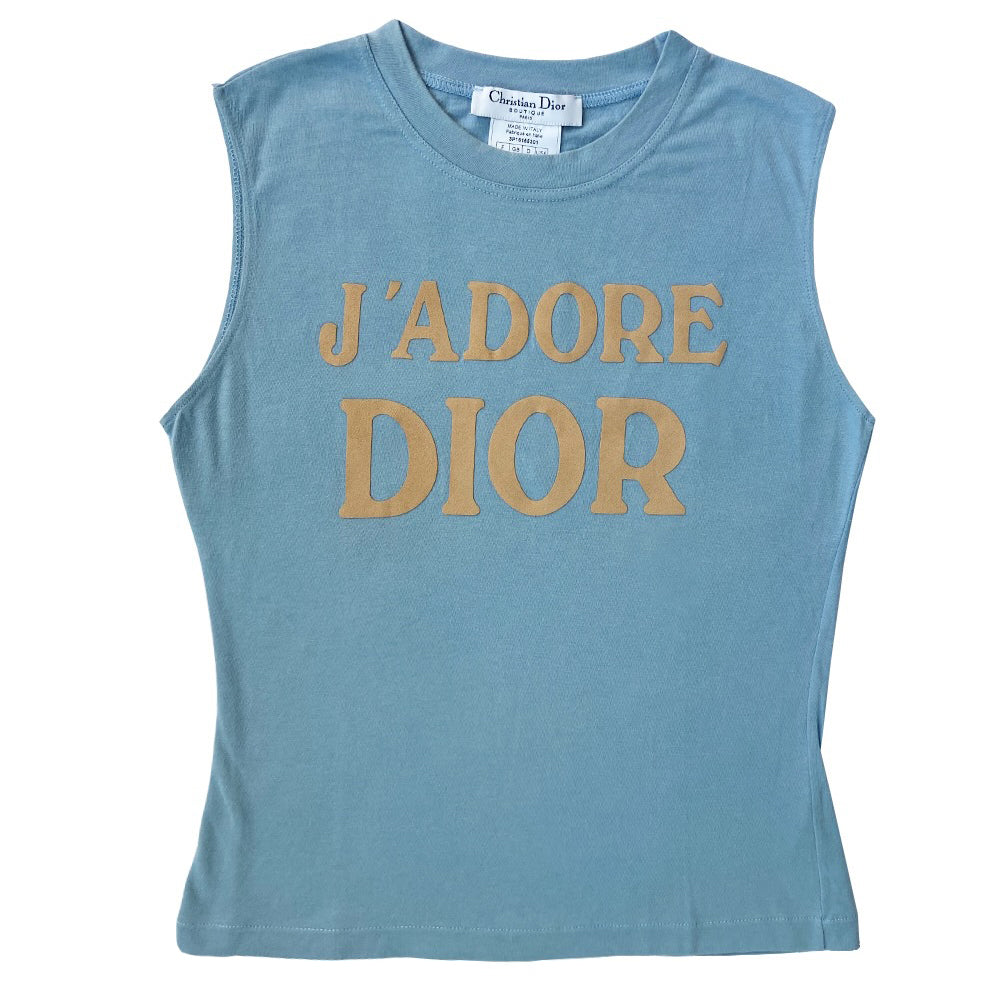 Christian Dior pastel blue J’Adore Dior 1947 World Champion tank by John Galliano spring, 2003. Crew neck, appliqué beige J’Adore Dior in front with World Champion 1947 on back. Made in Italy 