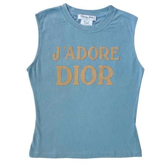 Christian Dior pastel blue J’Adore Dior 1947 World Champion tank by John Galliano spring, 2003. Crew neck, appliqué beige J’Adore Dior in front with World Champion 1947 on back. Made in Italy 