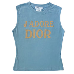 Christian Dior pastel blue J’Adore Dior 1947 World Champion tank by John Galliano spring, 2003. Crew neck, appliqué beige J’Adore Dior in front with World Champion 1947 on back. Made in Italy 