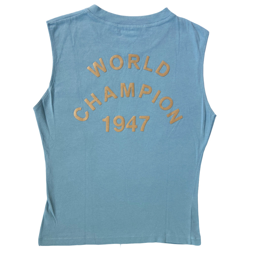 Christian Dior pastel blue J’Adore Dior 1947 World Champion tank by John Galliano spring, 2003. Crew neck, appliqué beige J’Adore Dior in front with World Champion 1947 on back. Made in Italy 