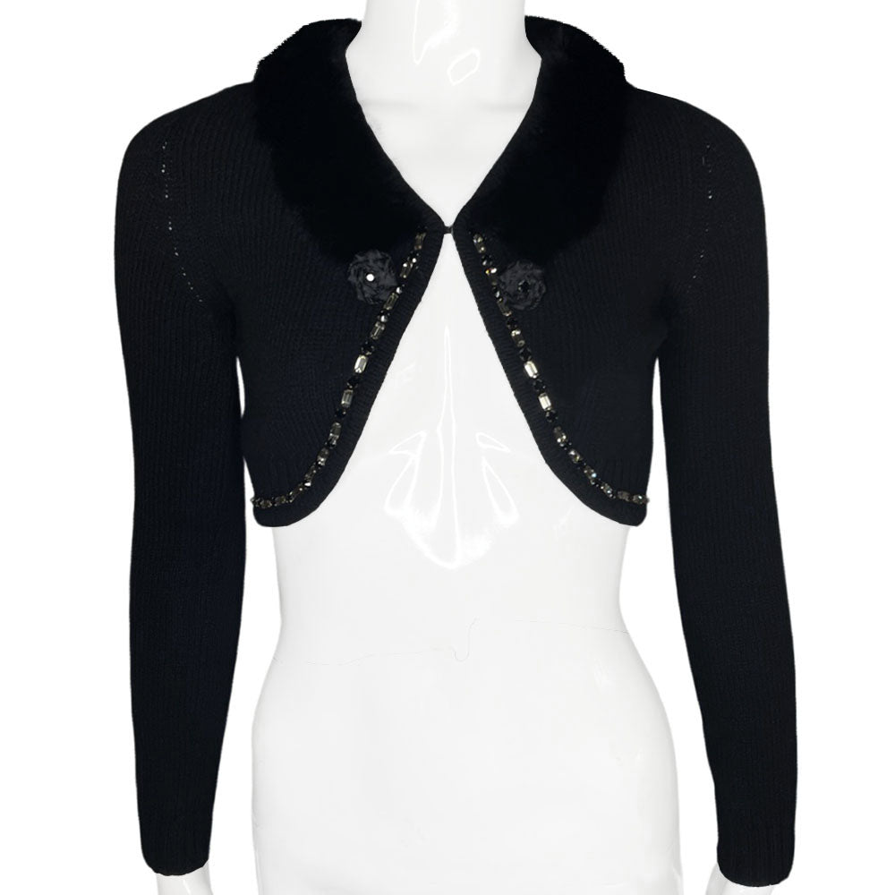 Blugirl by Blumarine black wool sweater with rabbit fur collar embellished with grey and black crystals and ribbon flowers with crystal centers. Single front hook closure Made in Italy 