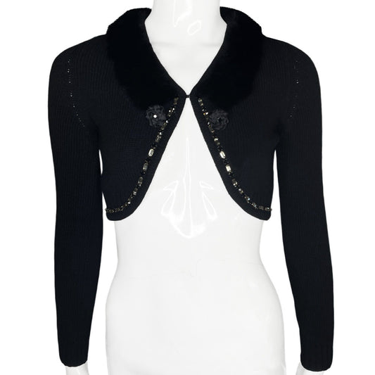 Blugirl by Blumarine black wool sweater with rabbit fur collar embellished with grey and black crystals and ribbon flowers with crystal centers. Single front hook closure Made in Italy 