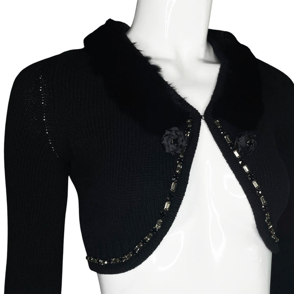 Blugirl by Blumarine black wool sweater with rabbit fur collar embellished with grey and black crystals and ribbon flowers with crystal centers. Single front hook closure Made in Italy 