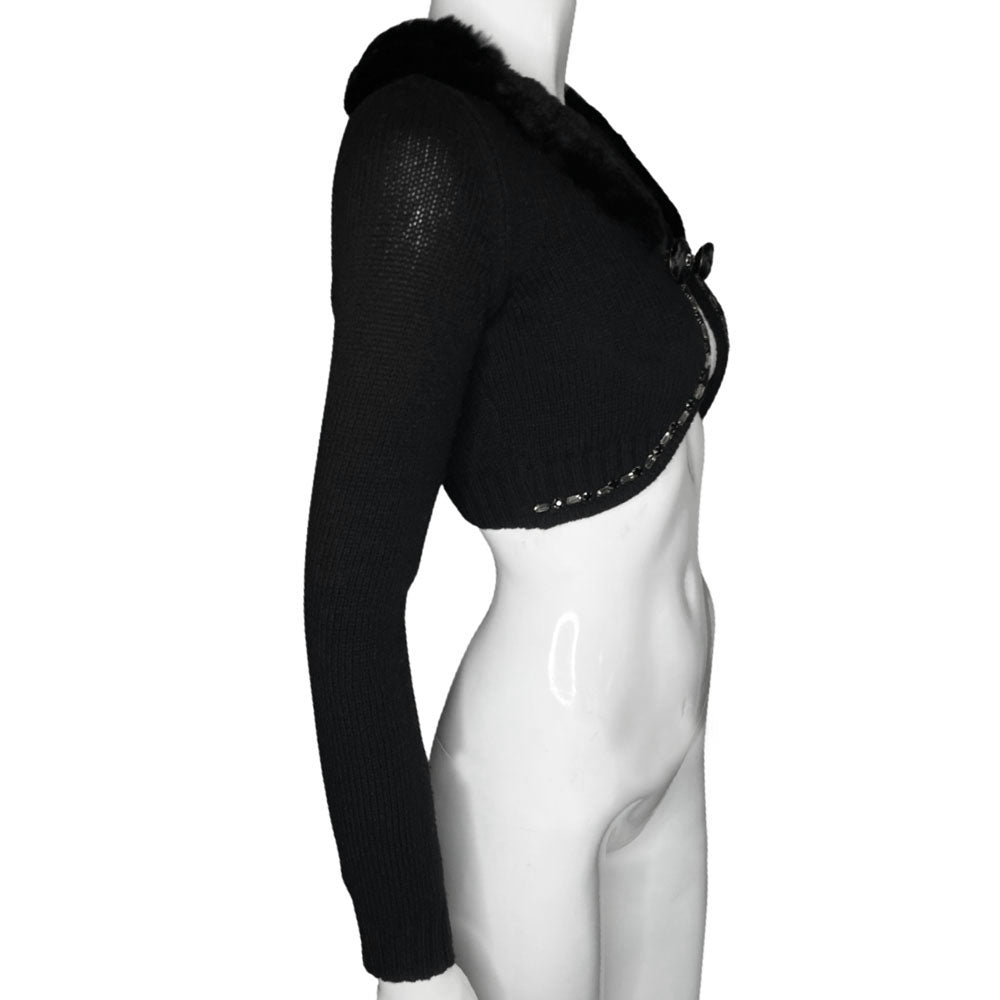 Blugirl by Blumarine black wool sweater with rabbit fur collar embellished with grey and black crystals and ribbon flowers with crystal centers. Single front hook closure Made in Italy 