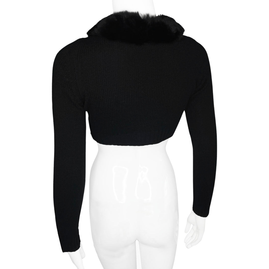 Blugirl by Blumarine black wool sweater with rabbit fur collar embellished with grey and black crystals and ribbon flowers with crystal centers. Single front hook closure Made in Italy 