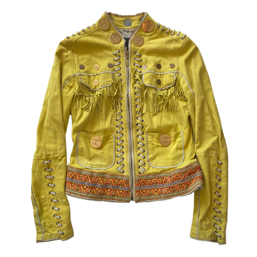 Just Cavalli Acid Yellow Fringe Leather Jacket Circa 2006 in excellent condition. Oversized and small gold-tone logo medallions decoration with whip stitching, fringe and grommets in soft sueded leather. A band of embroidery decorates the bottom hem. 