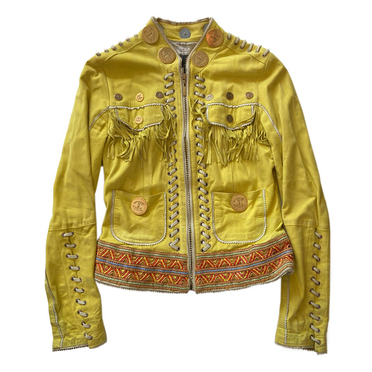 Just Cavalli Acid Yellow Fringe Leather Jacket Circa 2006 in excellent condition. Oversized and small gold-tone logo medallions decoration with whip stitching, fringe and grommets in soft sueded leather. A band of embroidery decorates the bottom hem. 