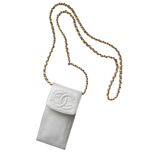 Chanel white caviar mini cross body cigarette/cellphone bag by Karl Lagerfeld for Chanel, circa 1994-1996 with stitched interlocking CC logo flap top with intertwined leather and gold-tone long chain strap. Chanel logo stamped inside leather interior Date code sticker intact. Made in Italy 