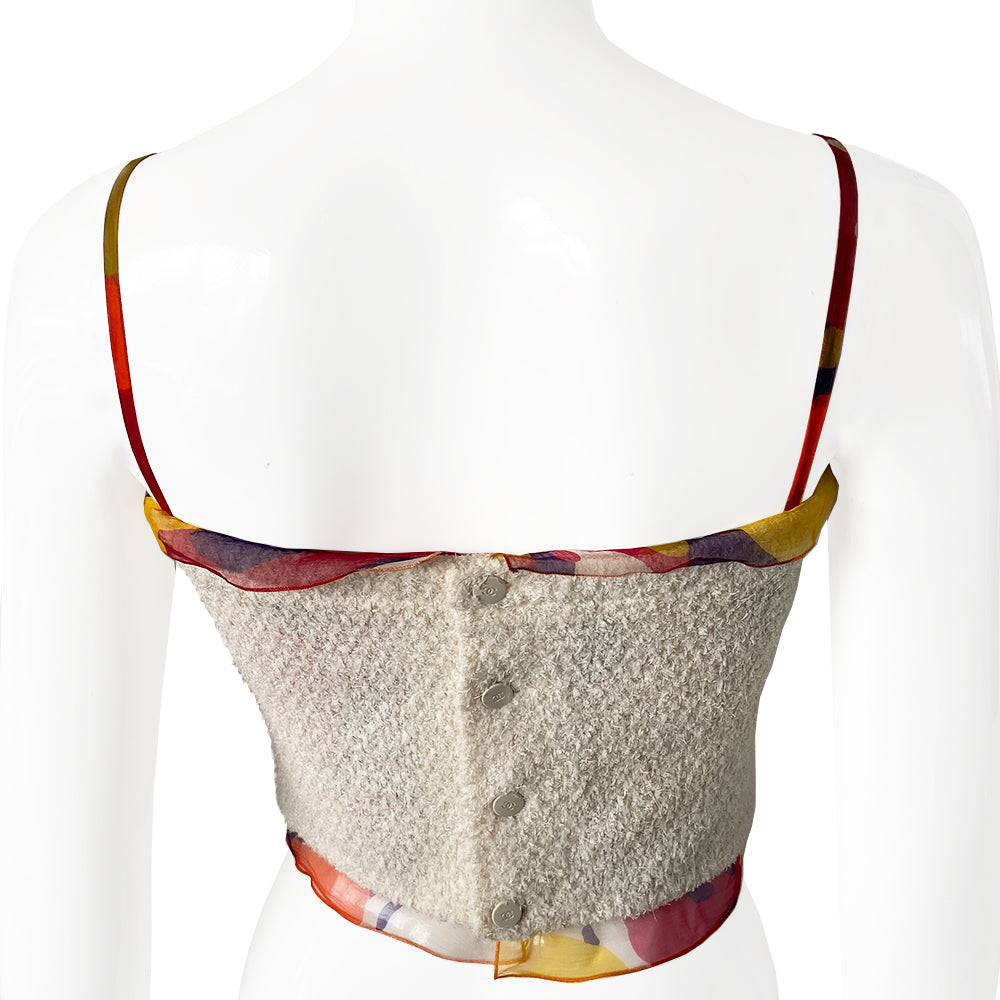 Chanel tweed and flloral silk camisole from Karl Lagerfeld for Chanel, 2000 Transition Collection with cream tweed outer and multicolor floral silk chiffon lining, trim and straps, 4 logo button back closure. Tag size: 36. Made in France