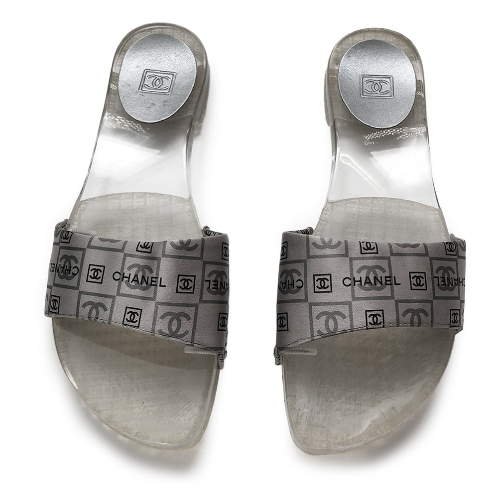 Chanel Clear Lucite and Satin Pool Slide Sandals - 7