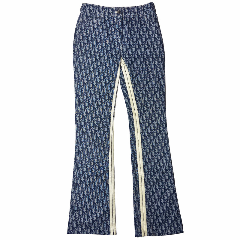 Christian Dior navy monogram 5 pocket flare pants John Galliano for Dior, spring 2002 with silver-tone logo top button, bottom flare Double white stripe accent along inner leg seams. Made in Portugal 