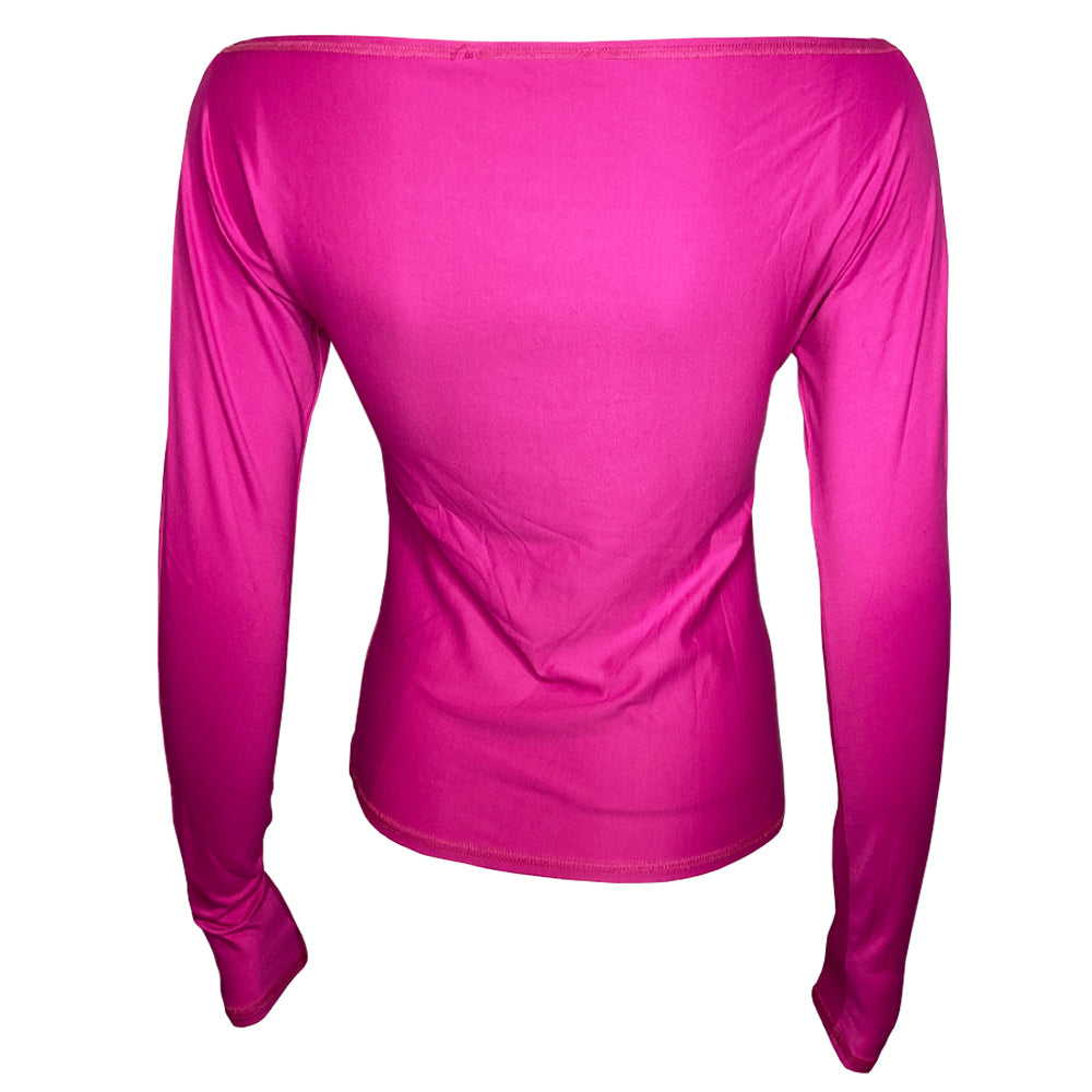 Christian Dior long sleeve fuchsia boat neck tee by John Galliano for Dior, 2000 with thick embroidered I heart Dior and arrow in front. Made in France
