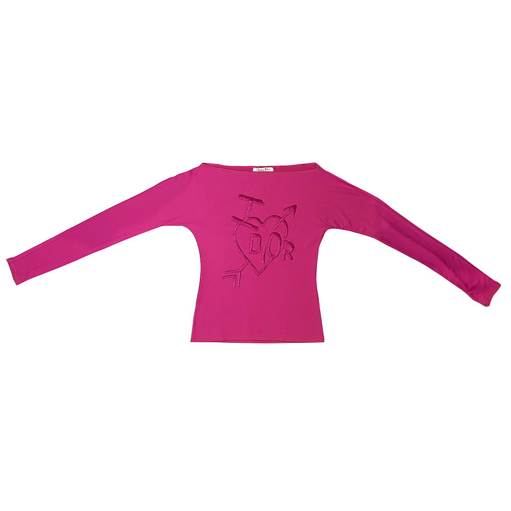 Christian Dior long sleeve fuchsia boat neck tee by John Galliano for Dior, 2000 with thick embroidered I heart Dior and arrow in front. Made in France