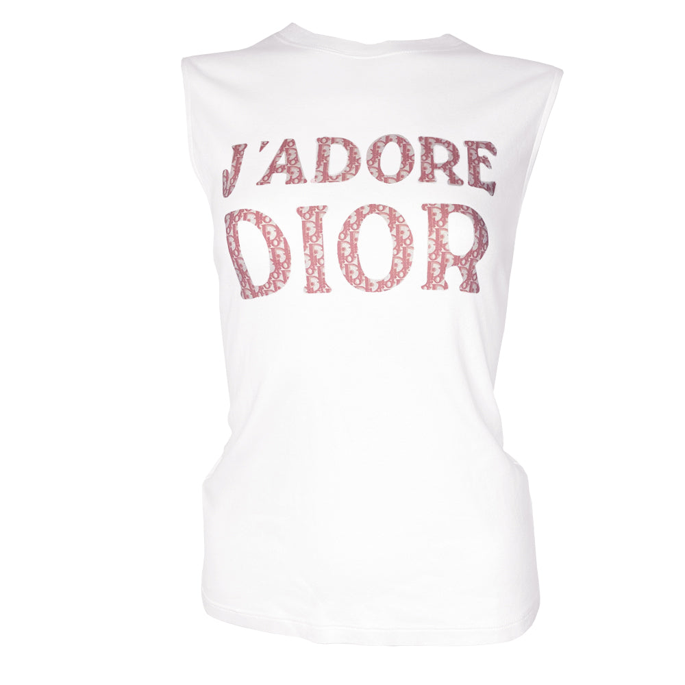 Christian Dior J’Adore Dior white crew neck sleeveless tee by John Galliano for Dior, spring 2004 with front J’Adore Dior pink monogram print and No 1 in back. Fabric: 100% Cotton. Made in France 
