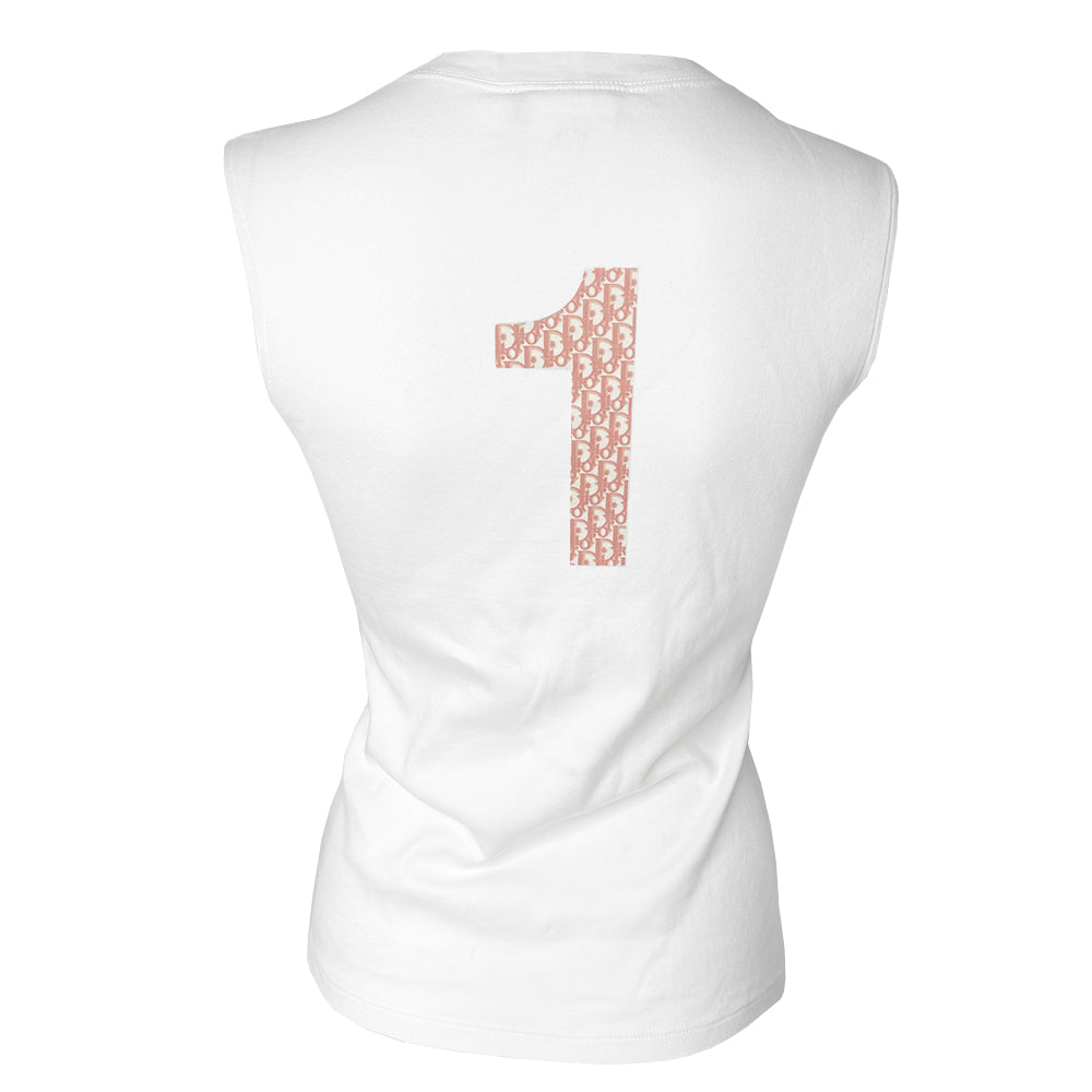 Christian Dior J’Adore Dior white crew neck sleeveless tee by John Galliano for Dior, spring 2004 with front J’Adore Dior pink monogram print and No 1 in back. Fabric: 100% Cotton. Made in France 