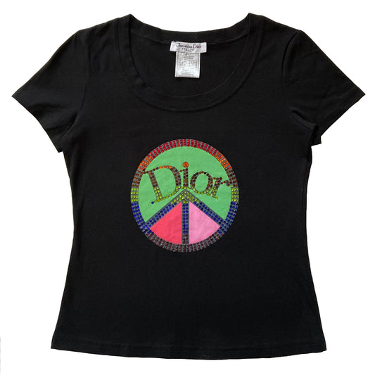 Christian Dior crystal peace sign tee from 2005 John Galliano for Dior. Short sleeves with rounded neckline, crystal embellished peace sign with crystal Dior logo at front center. Size: FR 42 Color: Main color: Black Good, consistent with age. Made in Italy
