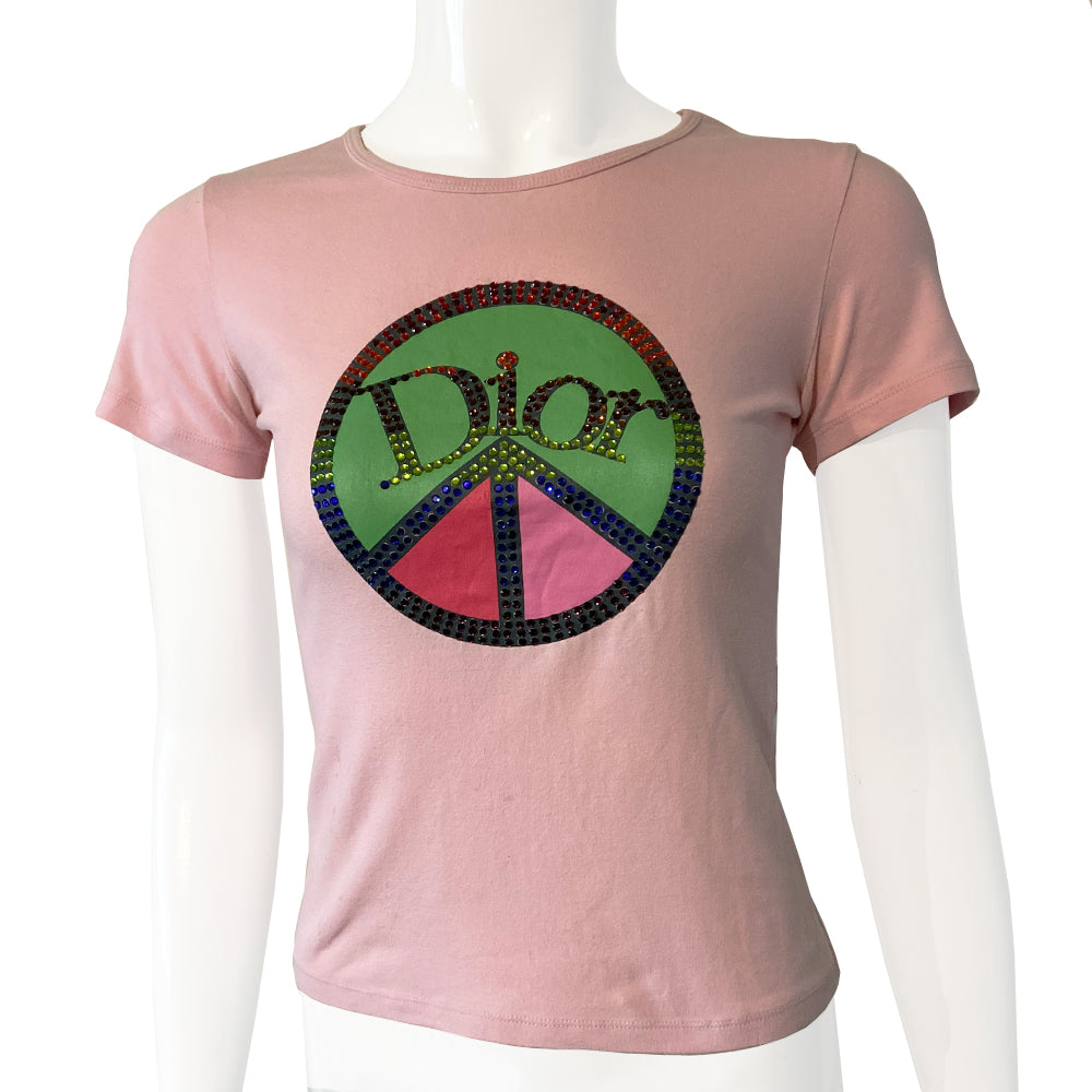 Christian Dior crystal peace sign pastel pink tee Summer 2004 Galliano for Dior Short sleeves with rounded neckline Crystal embellished peace sign with crystal Dior logo at center Size: FR 38. Made in France 