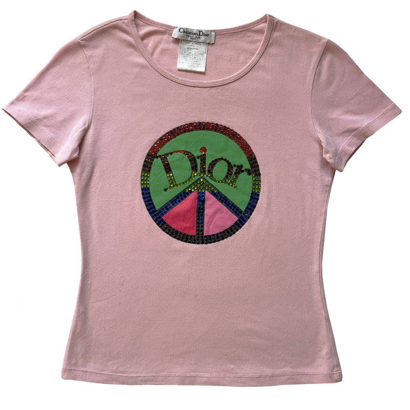 Christian Dior crystal peace sign pastel pink tee Summer 2004 Galliano for Dior Short sleeves with rounded neckline Crystal embellished peace sign with crystal Dior logo at center Size: FR 38. Made in France 