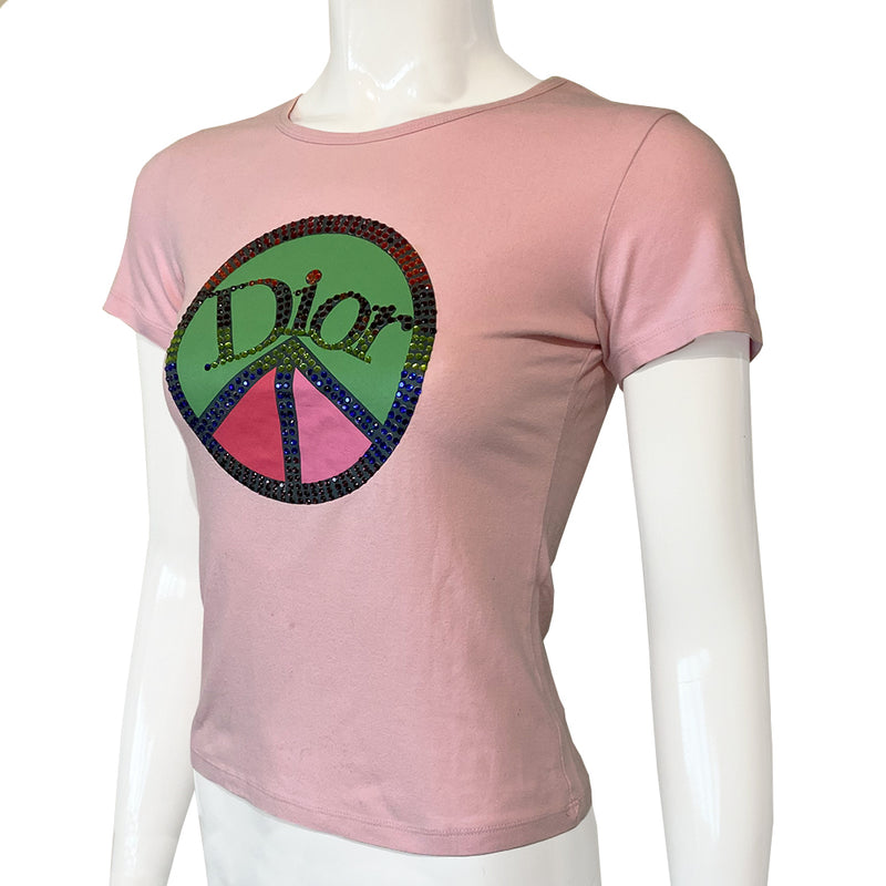 Christian Dior crystal peace sign pastel pink tee Summer 2004 Galliano for Dior Short sleeves with rounded neckline Crystal embellished peace sign with crystal Dior logo at center Size: FR 38. Made in France 