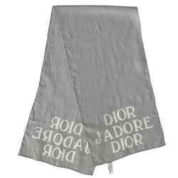 Christian Dior J’Adore Dior long rectangular silk pale grey scarf with white logo printed at each end and hand rolled edges. Made in Italy 