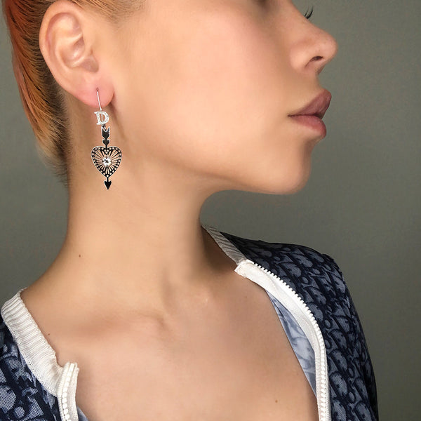 Dior Heart and Arrow Silver with Crystal D Drop Earrings