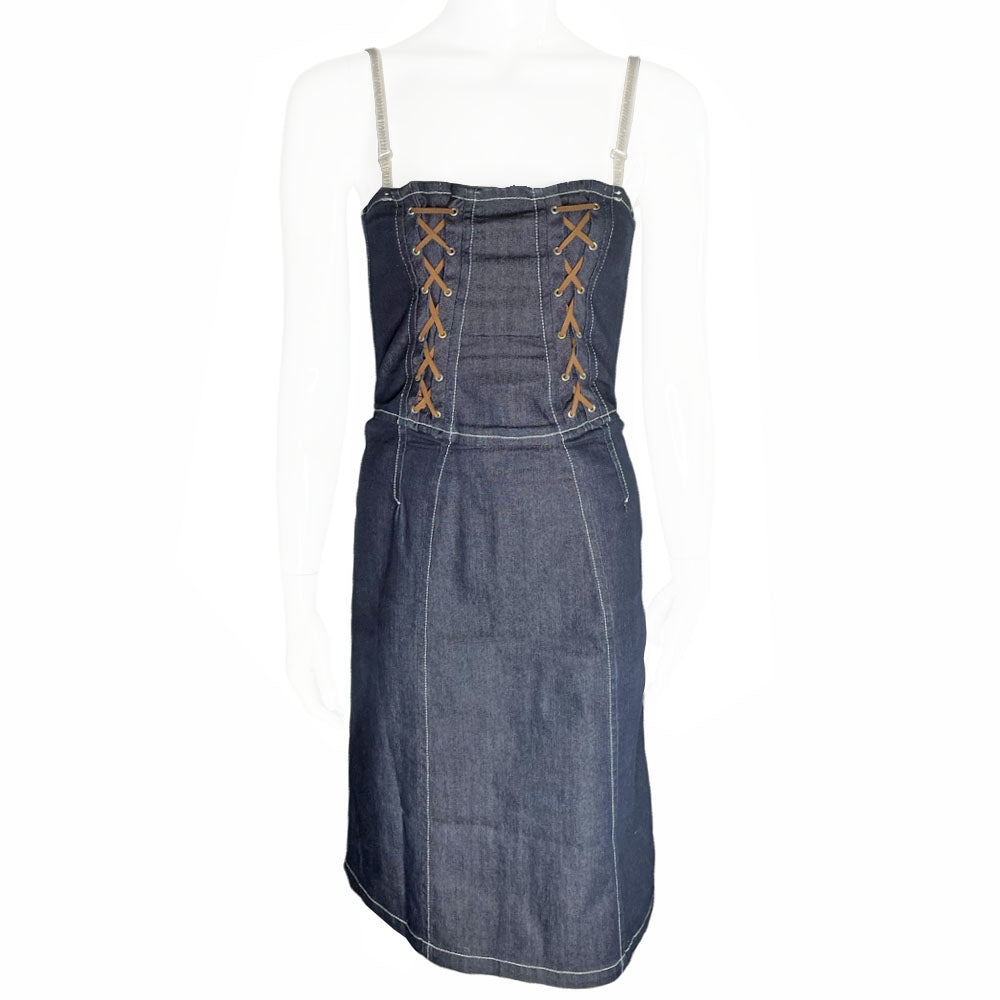 Dolce & Gabbana dark denim strapless mid-length corset dress with double criss crossed golden brown leather front lacing on bodice, white contest stitching, removable elastic straps. Exposed D&G stamped silver-tone back zipper 