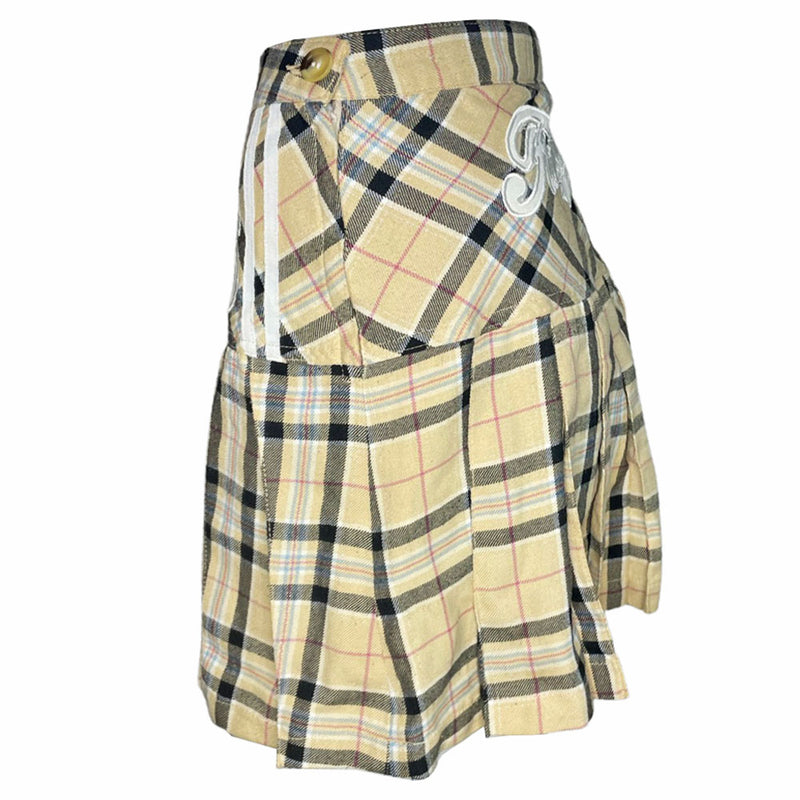 Fiorucci yellow, black, red high waisted plaid pleated flannel mini skirt, side zip with slash side pockets. White cotton appliqué 76 at hip and cursive Fiorucci logo at back waist 