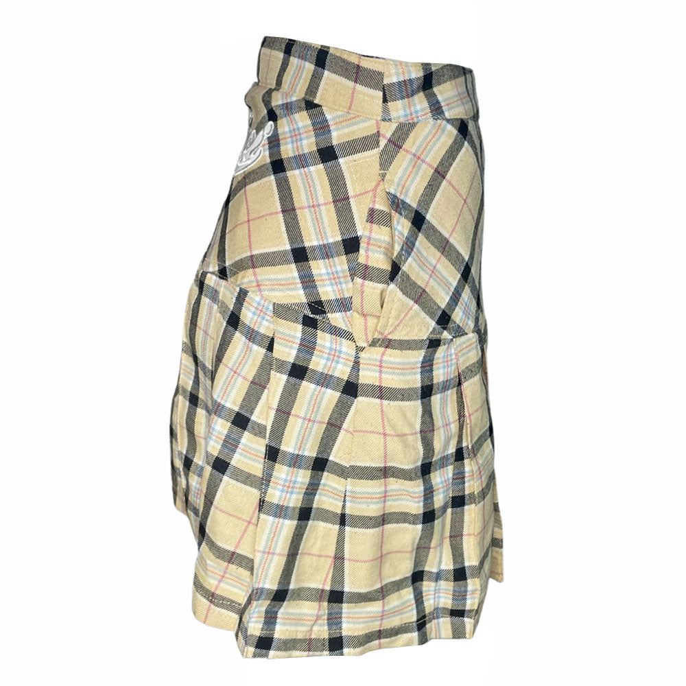 Fiorucci yellow, black, red high waisted plaid pleated flannel mini skirt, side zip with slash side pockets. White cotton appliqué 76 at hip and cursive Fiorucci logo at back waist 