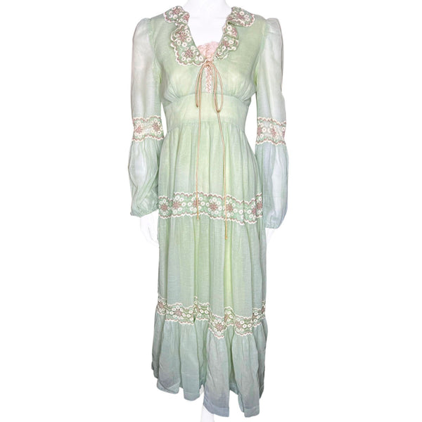 1970's Gunne Sax Renaissance Style Mint Lace Maxi Dress