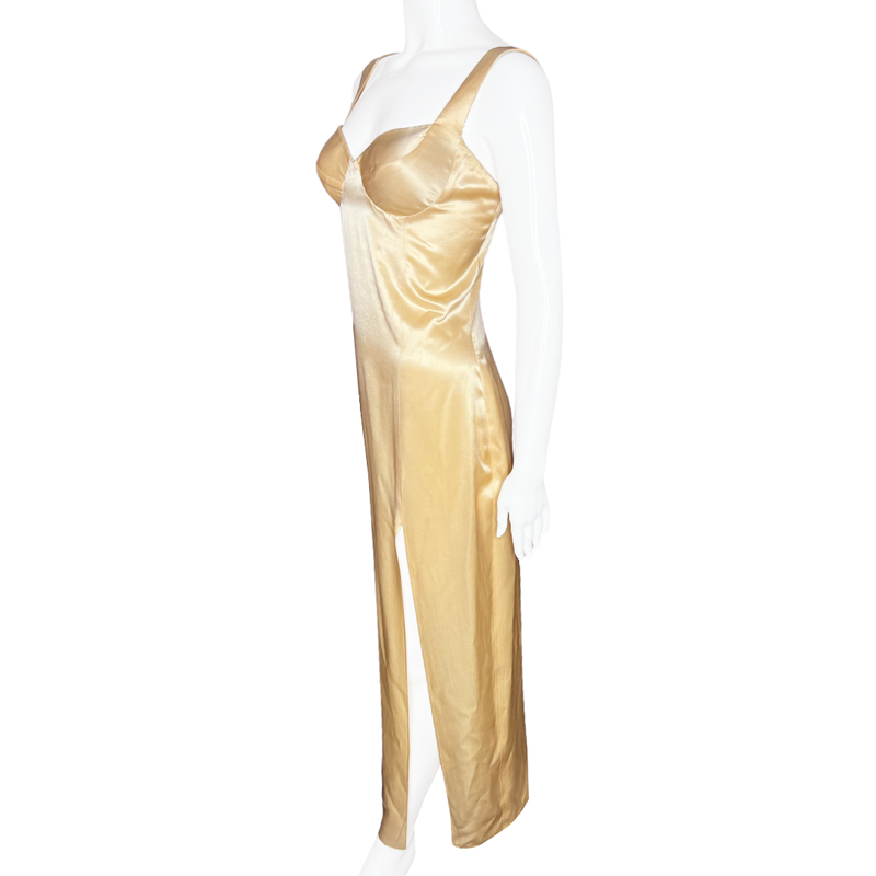 70's / 80's Peach Silk Bustier Long Slit Dress - M