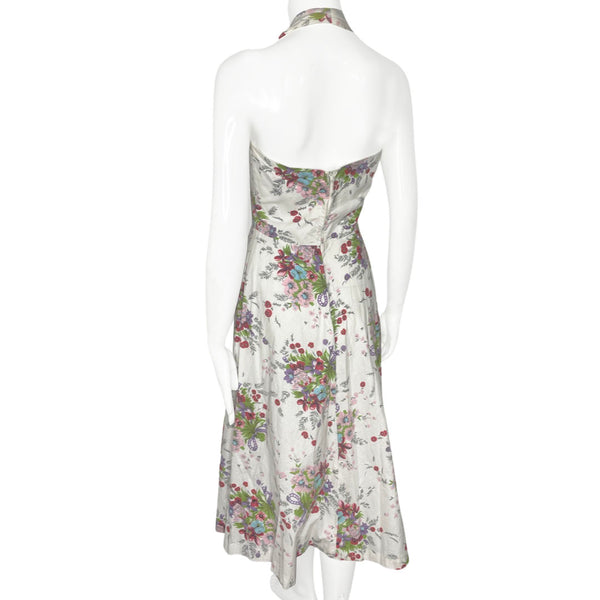 1960's White Floral Halter Dress - S/M