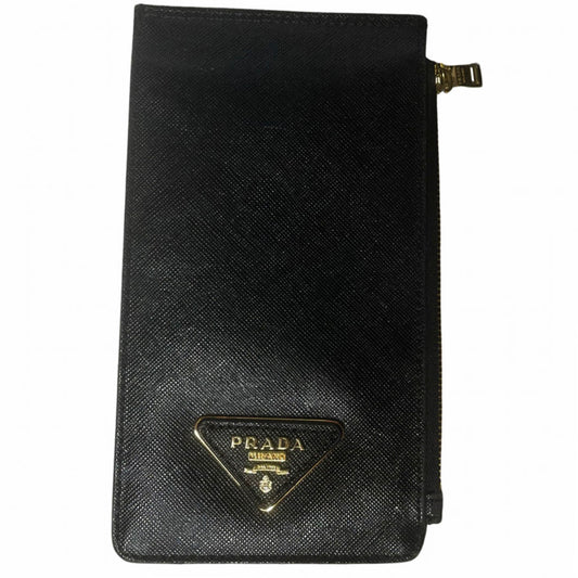 Prada Black Folding Zip Triangle Logo Plate Saffiano Leather Wallet