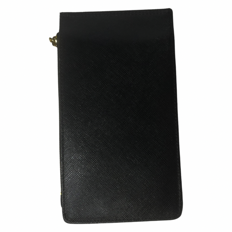 Prada Black Folding Zip Triangle Logo Plate Saffiano Leather Wallet