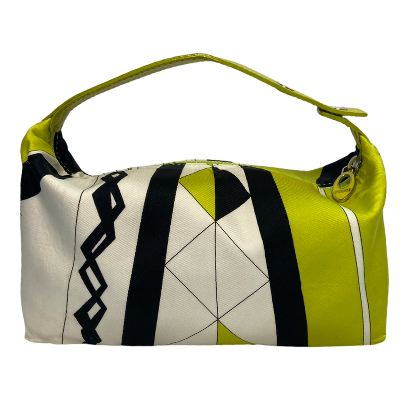 Pucci satin multicolor white, black, lime green mini bag with lime green leather strap that features metal snap detail. Top zipper closure with enamelled Pucci logo zipper pull opens to black jacquard satin lining. Duster included. Made in Italy 