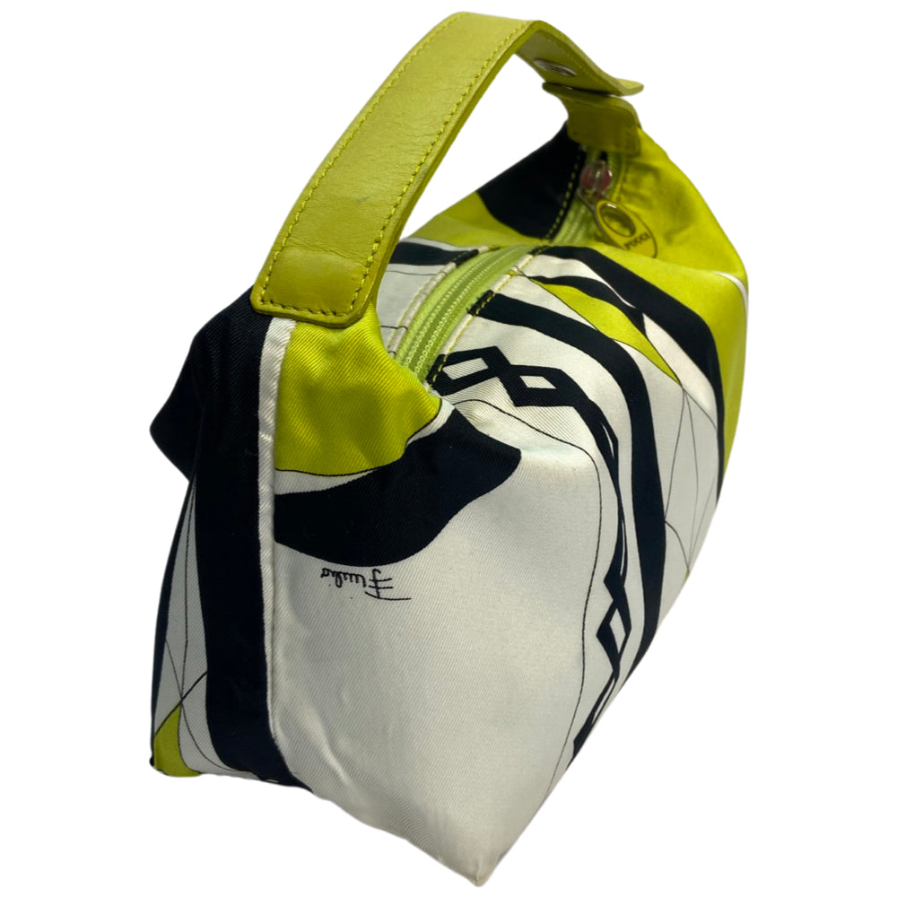 Pucci satin multicolor white, black, lime green mini bag with lime green leather strap that features metal snap detail. Top zipper closure with enamelled Pucci logo zipper pull opens to black jacquard satin lining. Duster included. Made in Italy 