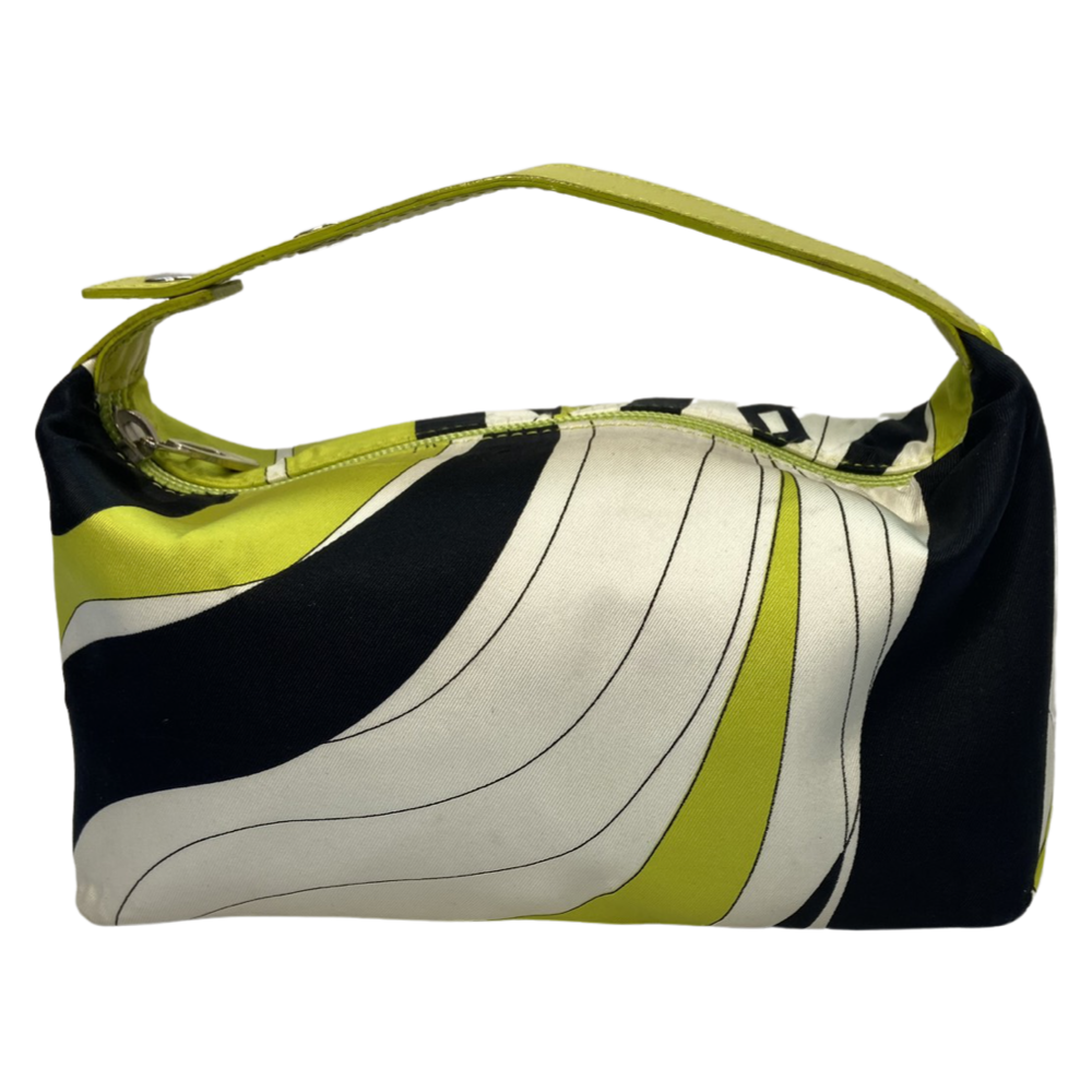 Pucci satin multicolor white, black, lime green mini bag with lime green leather strap that features metal snap detail. Top zipper closure with enamelled Pucci logo zipper pull opens to black jacquard satin lining. Duster included. Made in Italy 