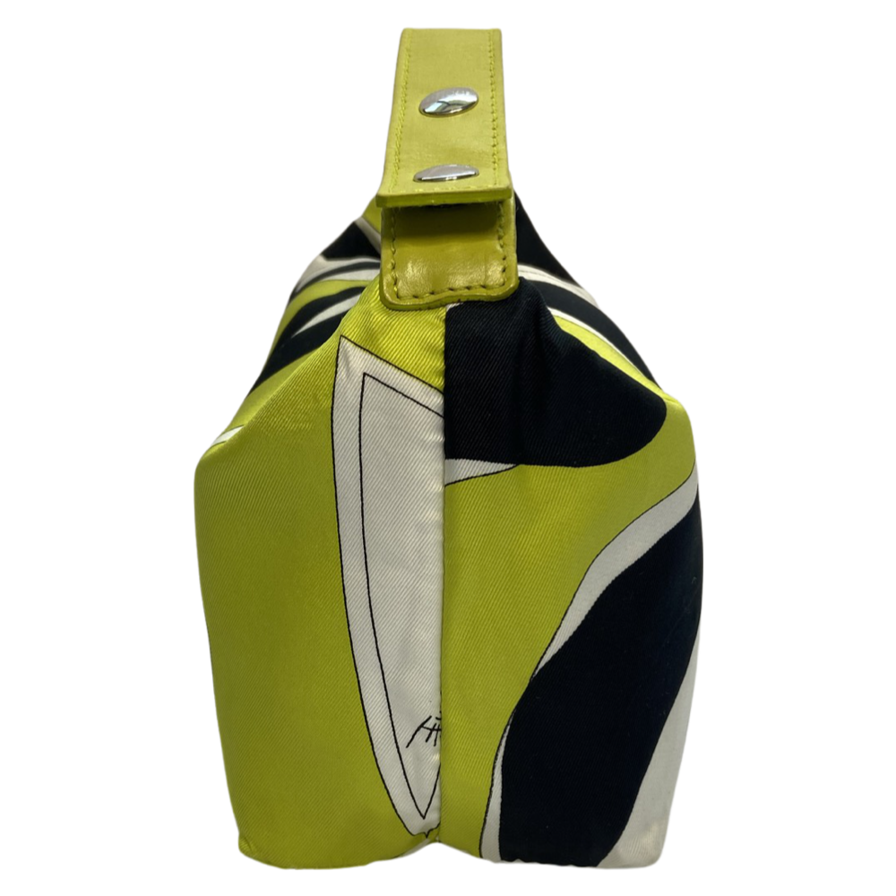 Pucci satin multicolor white, black, lime green mini bag with lime green leather strap that features metal snap detail. Top zipper closure with enamelled Pucci logo zipper pull opens to black jacquard satin lining. Duster included. Made in Italy 