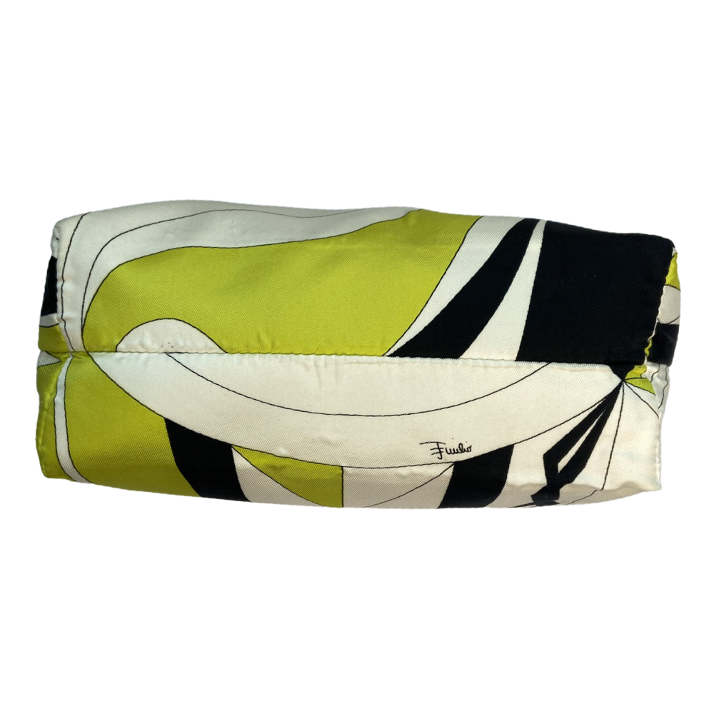 Pucci satin multicolor white, black, lime green mini bag with lime green leather strap that features metal snap detail. Top zipper closure with enamelled Pucci logo zipper pull opens to black jacquard satin lining. Duster included. Made in Italy 