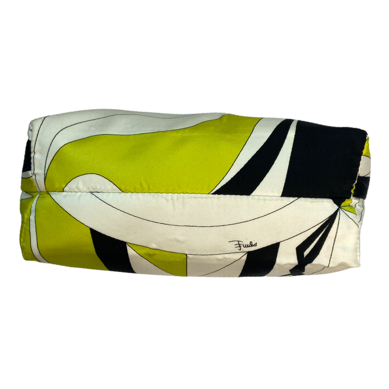 Pucci satin multicolor white, black, lime green mini bag with lime green leather strap that features metal snap detail. Top zipper closure with enamelled Pucci logo zipper pull opens to black jacquard satin lining. Duster included. Made in Italy 