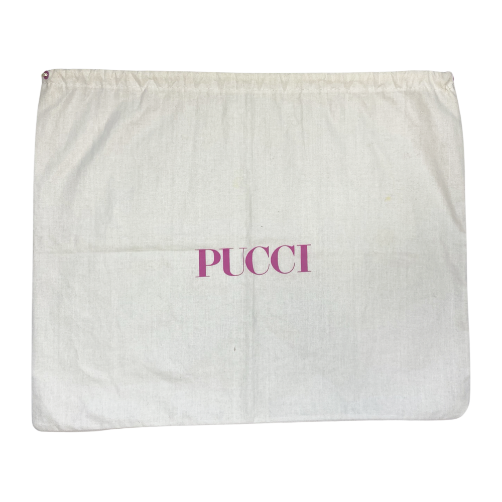 Pucci satin multicolor white, black, lime green mini bag with lime green leather strap that features metal snap detail. Top zipper closure with enamelled Pucci logo zipper pull opens to black jacquard satin lining. Duster included. Made in Italy 