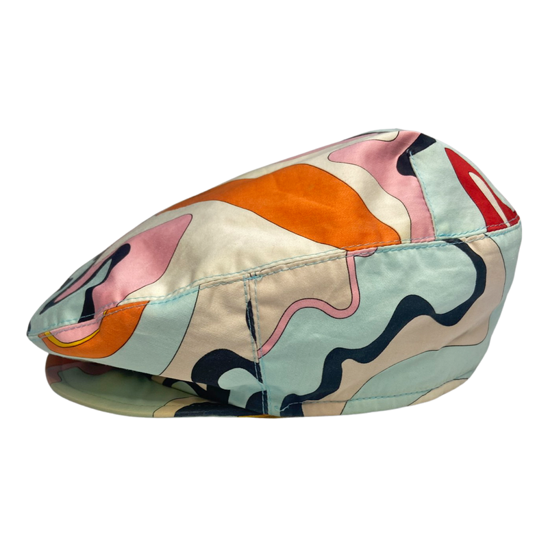Pucci multicolor printed cotton cap in pink, white, powder blue, orange, black, burgundy with yellow grosgrain interior ribbon and yellow lining. Made in Italy 