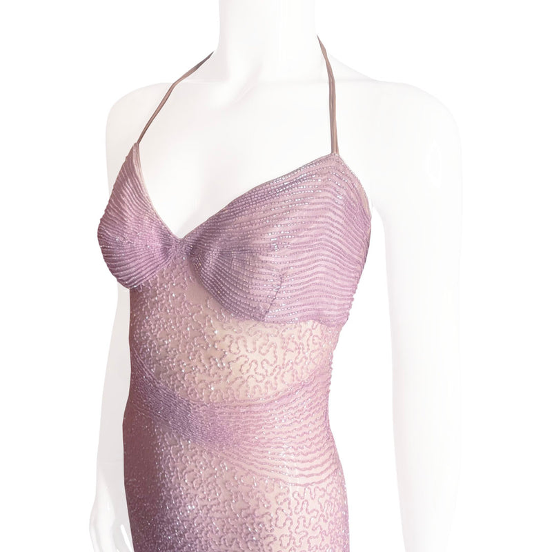 Vintage Lilac Sheer Beaded Halter Dress - S
