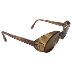 Chanel 1990’s oval tortoise acetate frame goggle sunglasses by Karl Lagerfeld for Chanel with dark brown lenses, interlocking CC gold logos at frame temple Frame Style: 05976 91235 Made in Italy