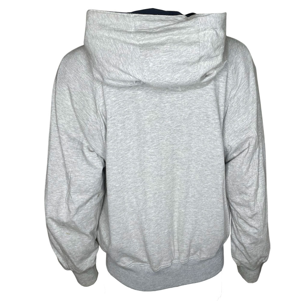 Issey Miyake by Tsumori Chisato navy zip hooded jacket with 2 front angled button flap pockets, ribbed cuffs and bottom hem, I.S. printed on back. Reversible with Interior lined in light grey jersey with two inner slip pockets. Made in Japan