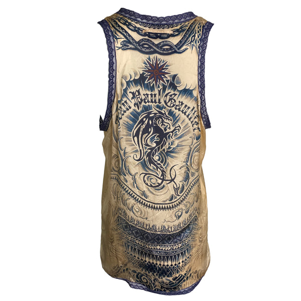 Jean Paul Gaultier mid 2000's Femme label camisole in delicate flowing printed silk trimmed with navy lace. Japanese inspired waves with stars, snakes, Jean Paul Gaultier and dragon printed in back. Made in Italy
