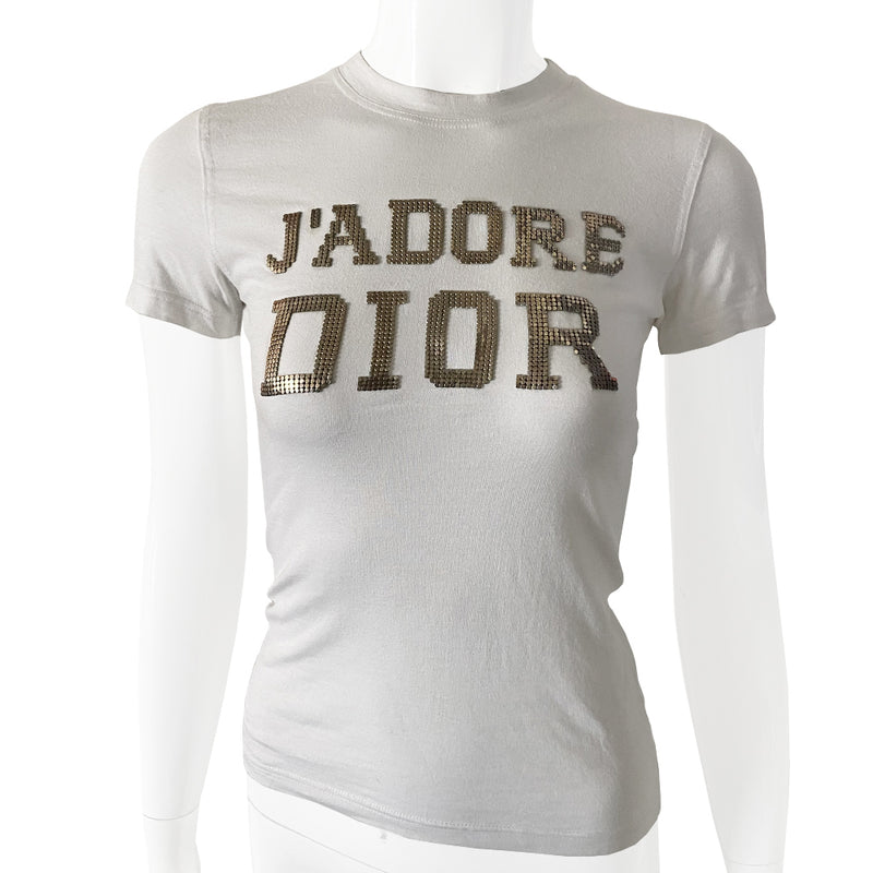 Christian Dior J’Adore Dior Latest Blonde short sleeve tee John Galliano for Christian Dior, Autumn 2003 with J’Adore Dior in front, Latest Blonde in back printed in gold-tone chainmail. Made in Italy.
